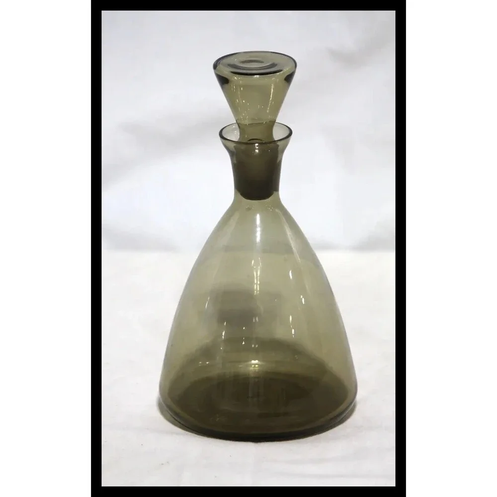 Vintage MCM Smoke Gray Glass Decanter w/ Glass Stopper Pour Spout Mid Century